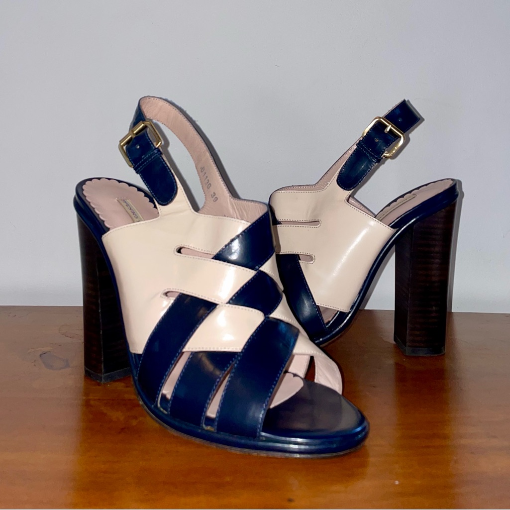 Opening Ceremony Leather Navy Nude Woven Strappy Spazzolato High Heel Sandals 39